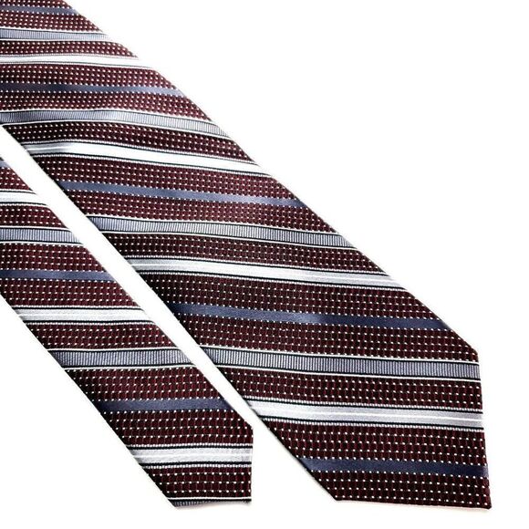 Pronto Uomo Silk‎ Tie Woven Red Silver Striped Polka Dot Skinny - Picture 1 of 6